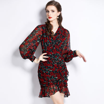 Printed Chiffon Fishtail Dress Women