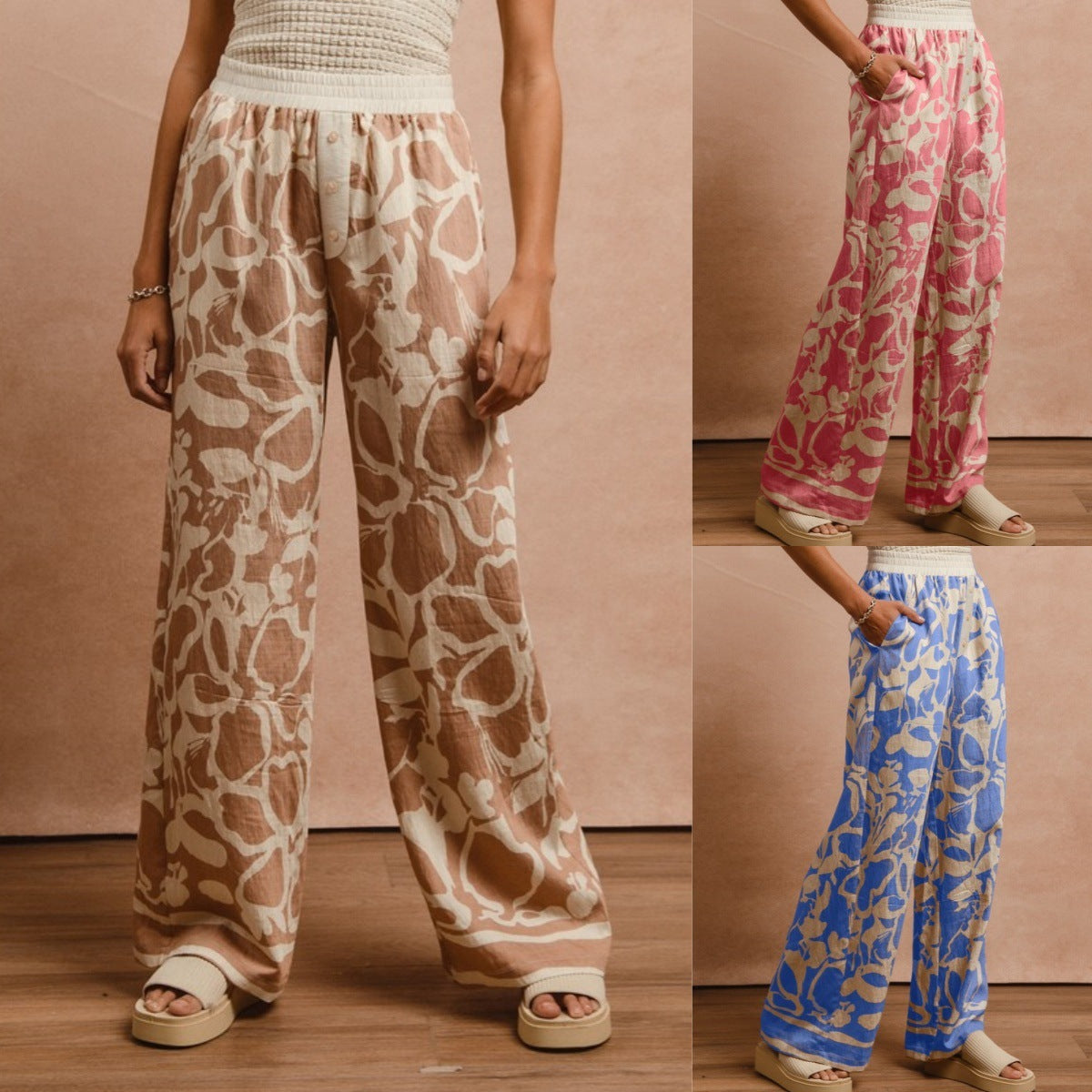 Women's Flower Print Elastic-waist Straight-leg Pants Loose Casual Pants