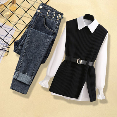 Women's Knitted Vest Shirt Jeans Three-piece Set