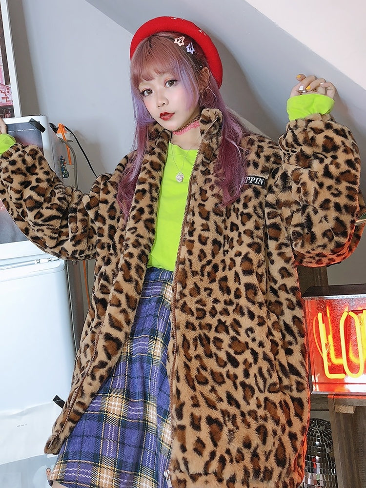 popular Korean version of the street hip hop retro leopard plush thickening loose winter coat