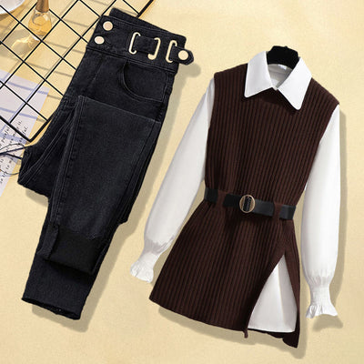 Women's Knitted Vest Shirt Jeans Three-piece Set