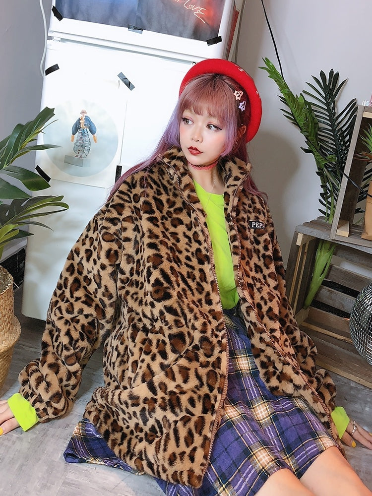 popular Korean version of the street hip hop retro leopard plush thickening loose winter coat