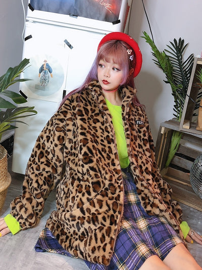 popular Korean version of the street hip hop retro leopard plush thickening loose winter coat