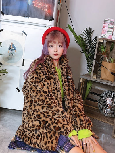 popular Korean version of the street hip hop retro leopard plush thickening loose winter coat