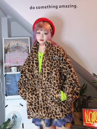 popular Korean version of the street hip hop retro leopard plush thickening loose winter coat