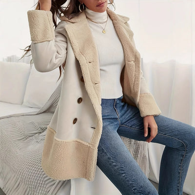 Apricot Lapel Lamb Wool Contrast Color Long Coat