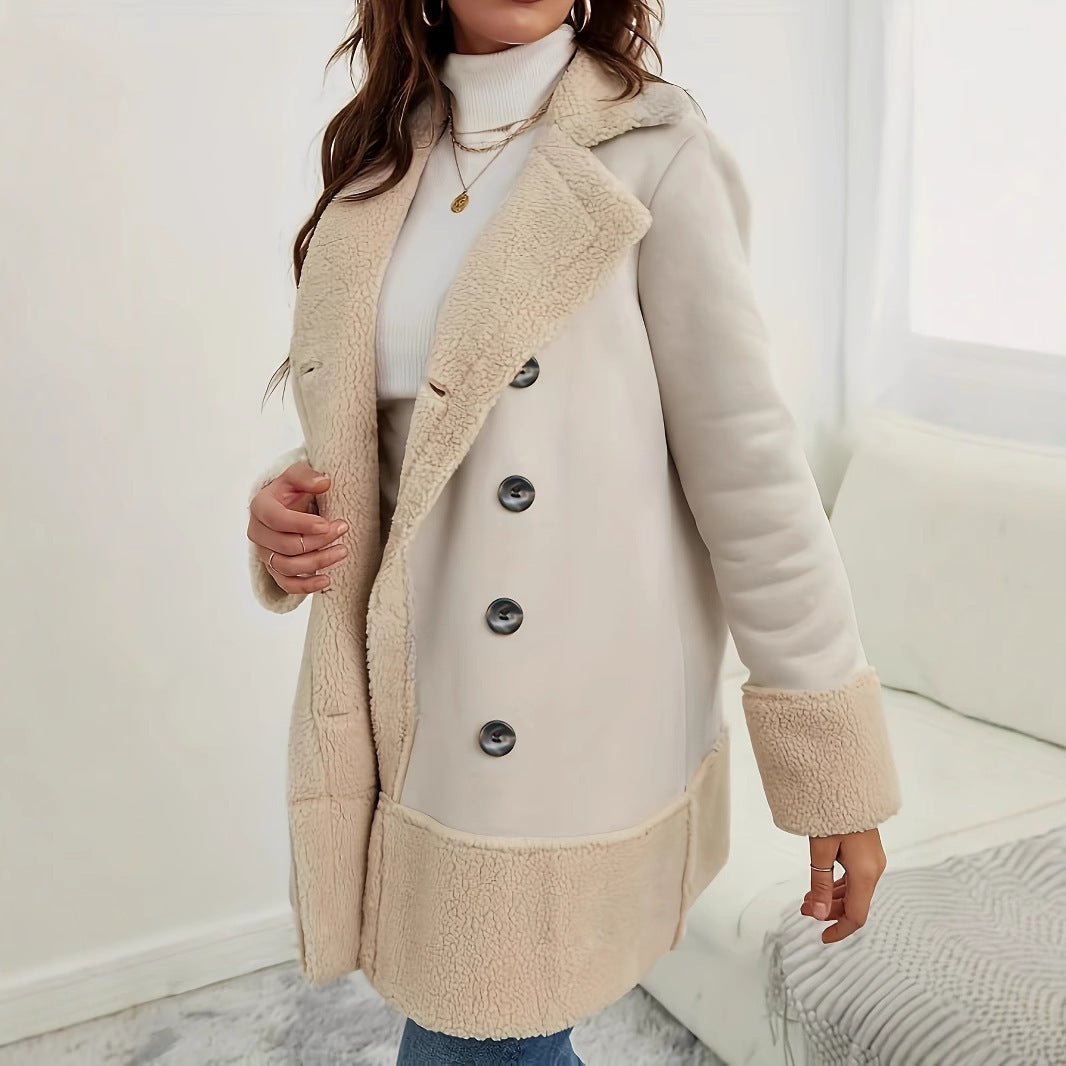 Apricot Lapel Lamb Wool Contrast Color Long Coat