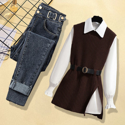 Women's Knitted Vest Shirt Jeans Three-piece Set