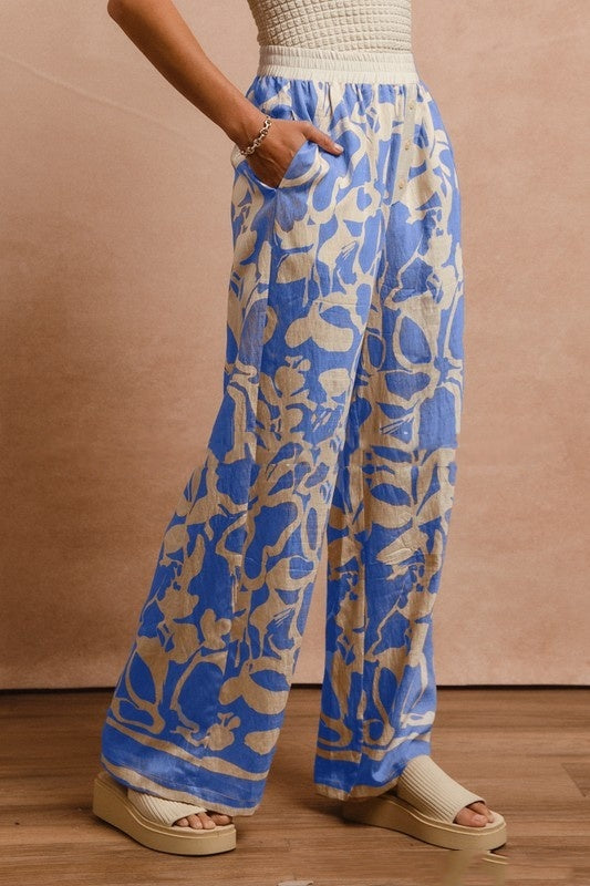 Women's Flower Print Elastic-waist Straight-leg Pants Loose Casual Pants