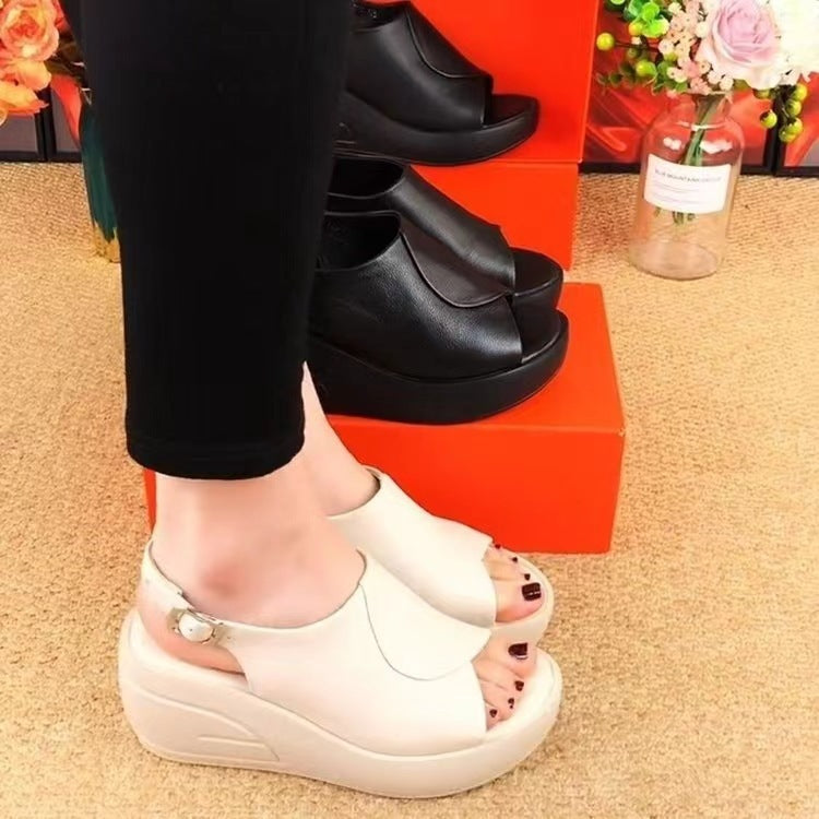 Summer New Real Soft Leather Wedge Sandals Women's Outer Wear Fashion Trending Platform