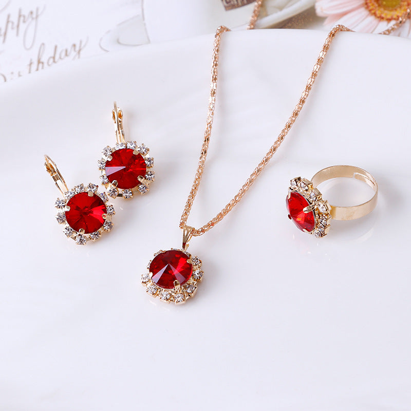 Fashion round crystal necklace earrings ring set hot jewelry wholesale