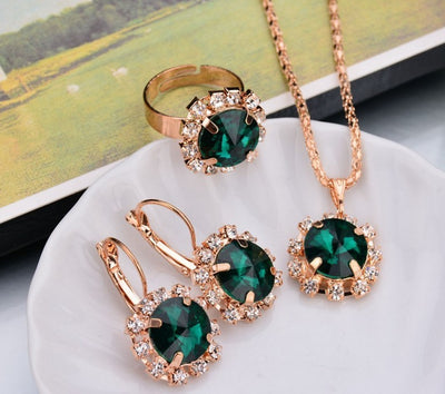 Fashion round crystal necklace earrings ring set hot jewelry wholesale