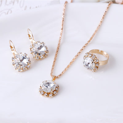 Fashion round crystal necklace earrings ring set hot jewelry wholesale