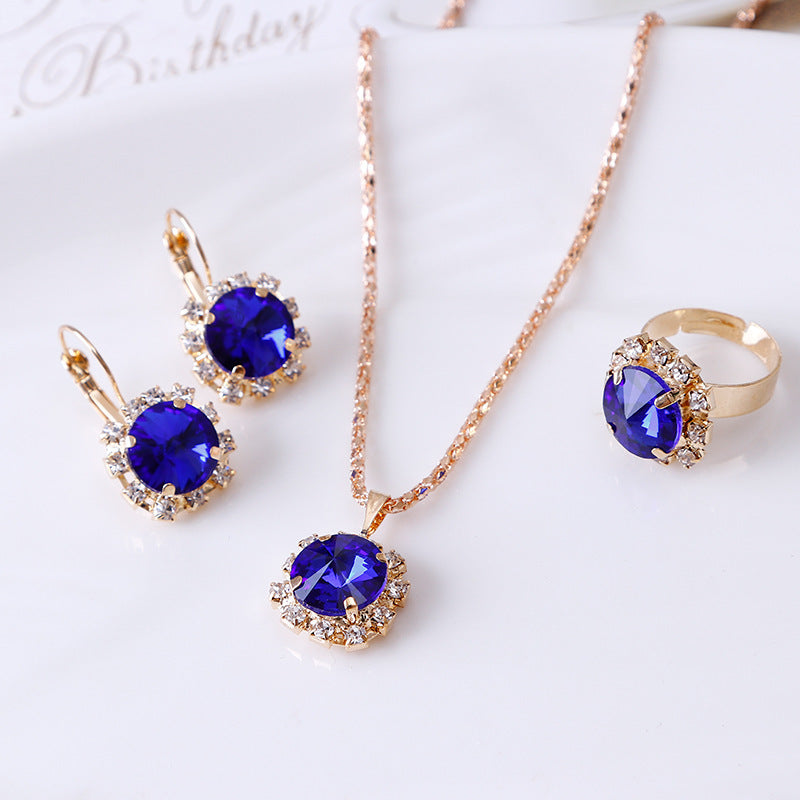 Fashion round crystal necklace earrings ring set hot jewelry wholesale