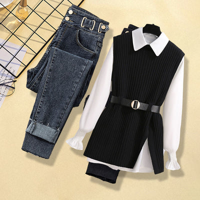 Women's Knitted Vest Shirt Jeans Three-piece Set