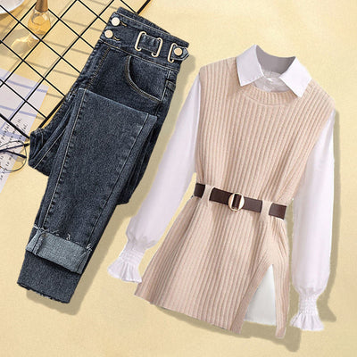 Women's Knitted Vest Shirt Jeans Three-piece Set