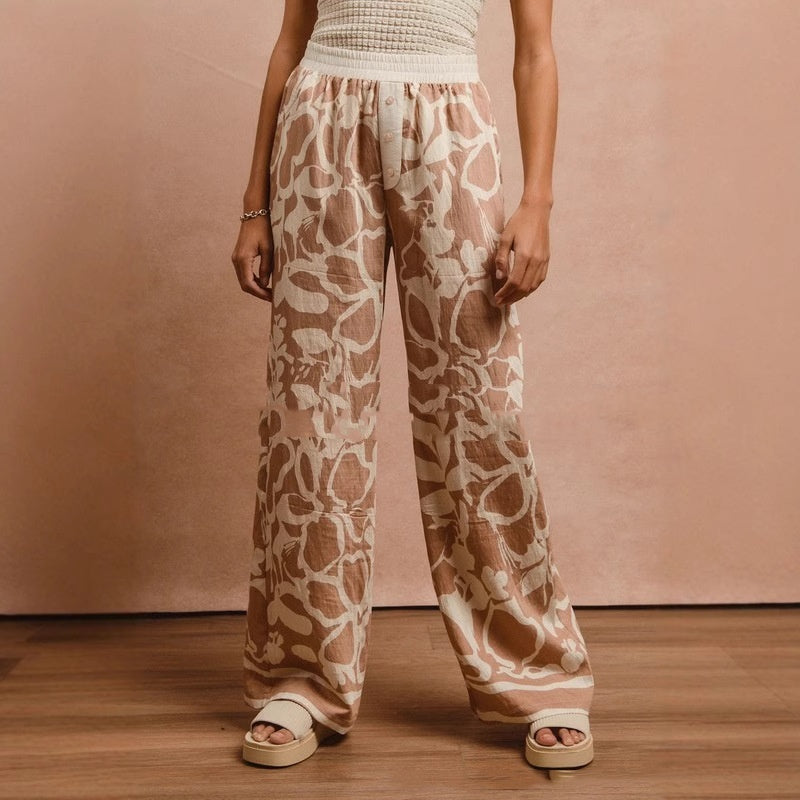 Women's Flower Print Elastic-waist Straight-leg Pants Loose Casual Pants