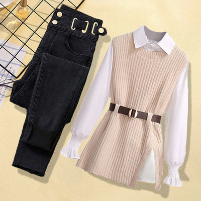 Women's Knitted Vest Shirt Jeans Three-piece Set